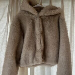 Bershka Taupe/Cream Hooded Faux Fur Jacket